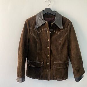 Funky + beautiful Vintage Brown Suede Jacket with Leather Collar